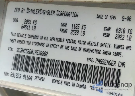 2001 Chrysler Lhs из США, поврежденный, VIN 2C3HC56G01H536962